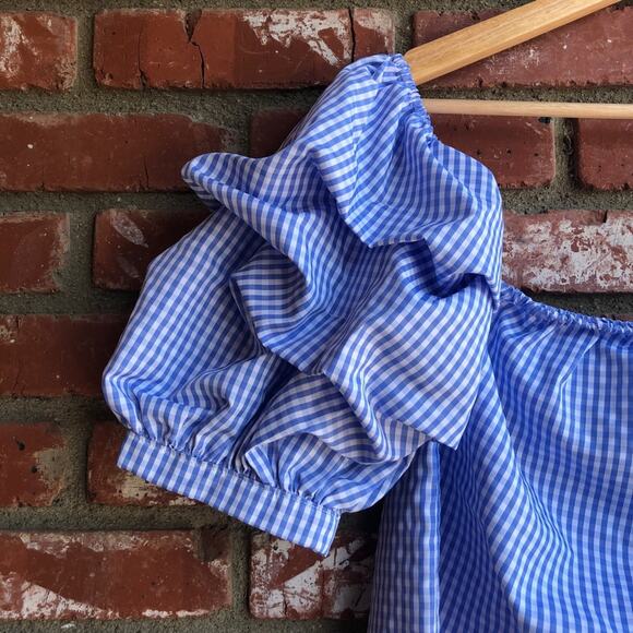 Lucy Wang blue gingham plaid off the shoulder puffy sleeves ruffle blouse small - Picture 3 of 5